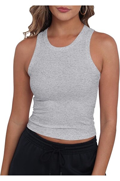GENERAL GEMBERA Womens High Neck Racerback Ribbed Crop Top Sleeveless Fitted ...