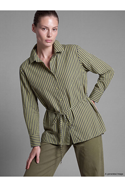 LC Waikiki Two Mt Shop Quality Lcw Studio Green Waist-Tied Striped Women's Shirt