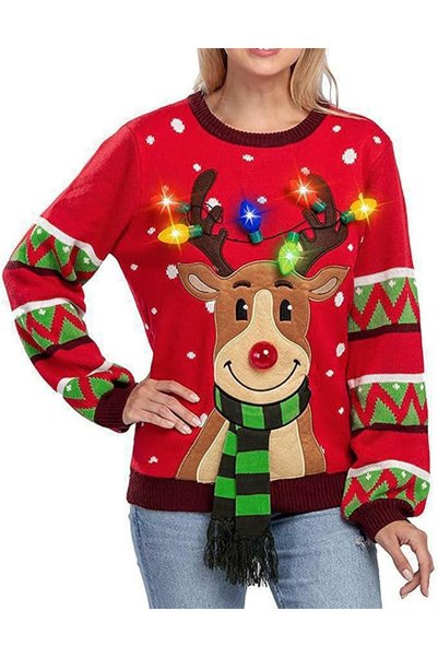 Generisch Women's Christmas Crochet Knit Crew Neck Top Long Sleeve with Lamp ...