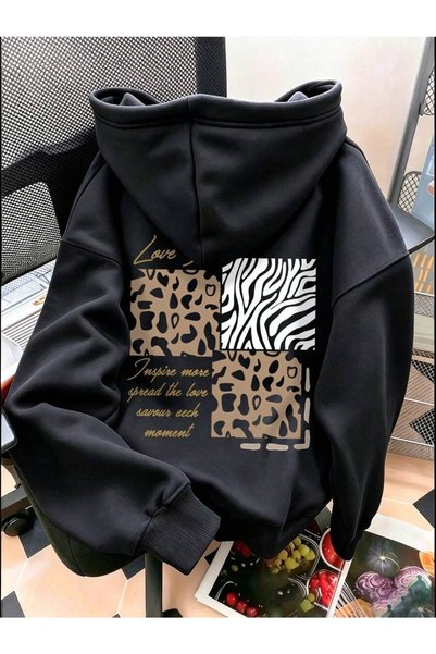 HAI COLLECTİON Kapüşonlu Sweatshirt Siyah Oversize Leopar Zebra Baskılı Unise...