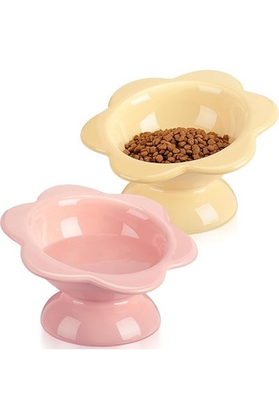 AZONEE 2 Piece Set of Ceramic Raised Cat Bowls 7 oz Flower Shaped Ideal for S...
