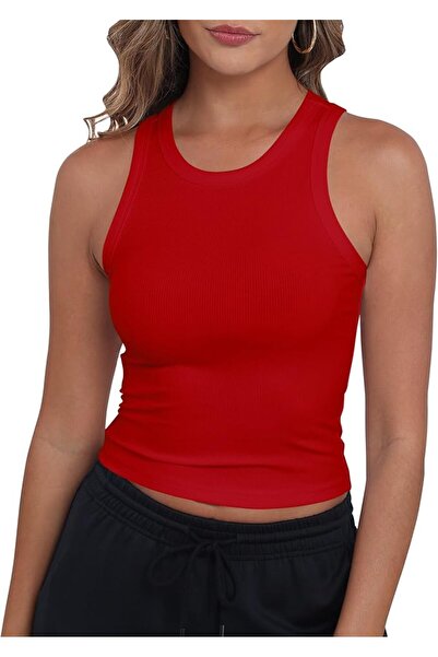 GENERAL GEMBERA Womens High Neck Racerback Ribbed Crop Top Sleeveless Fitted ...