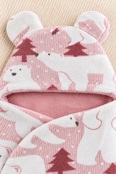 İZYALİF BABY Polar Bear Patterned Hooded Plush Baby Swaddle with Ears, One Size, Soft