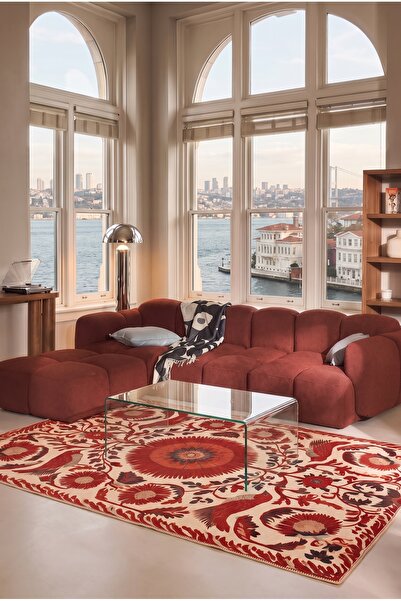 Kırmızı Krem Kuş ve Çiçek Desenli Dikdörtgen Halı Bohem Dekoratif Salon Halısı