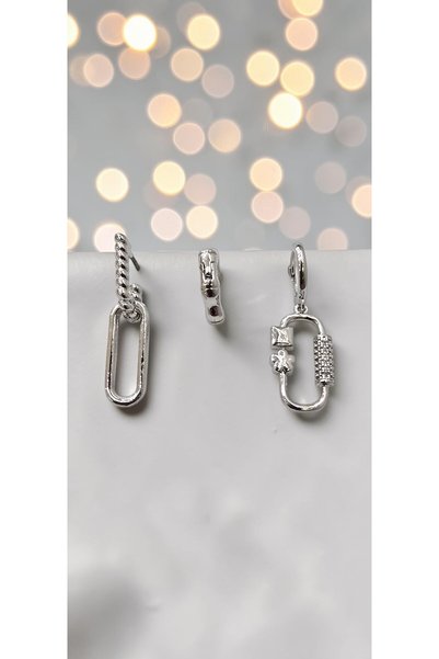 ahsenaksesuar2025 Silver Color Oval Figured Zircon Stone and Twisted Detail 3...
