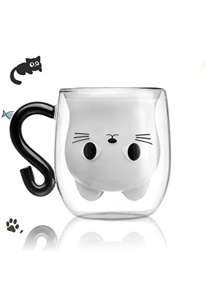 HaveLovely Double-Walled Black Cat Glass Mug with Handle, Cute Kawaii Coffee ...