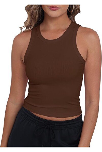 GENERAL GEMBERA Womens High Neck Racerback Ribbed Crop Top Sleeveless Fitted ...