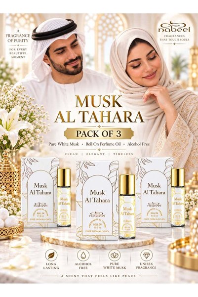Nabeel Musk Al Tahara White Roll-On Perfume Oil 6 ML - Pack of 3, Alcohol-Fre...