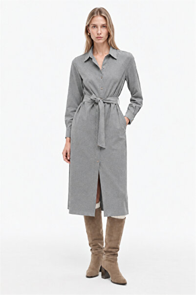 Perspective Gray Shirt Collar Belted Dress