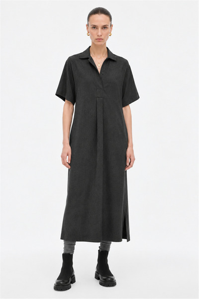 Perspective Black Shirt Collar Long Dress