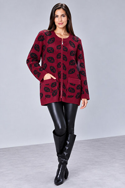 CNR TEKSTİL Women's Leaf Patterned Zippered Plush Knitwear Cardigan – Long Mo...
