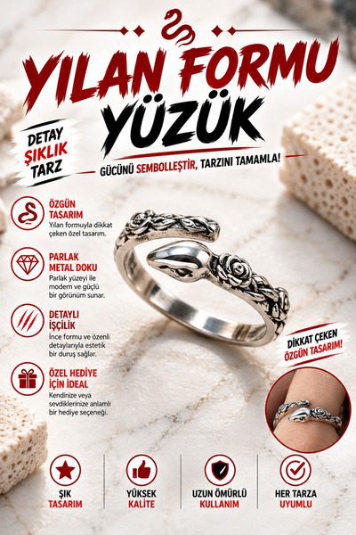 FG KONNİCHİWA Snake Ring – Adjustable Silver Color Women's Ring with Green St...