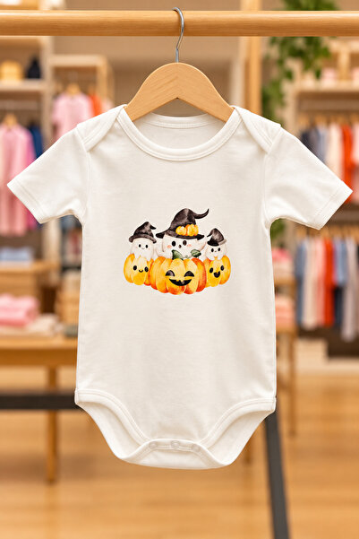 Dükkan Artı Halloween Short Sleeve Baby Romper – Pumpkin and Witch Hat Patterned