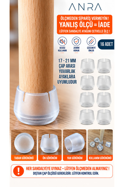 Anra 16 Ad 17-21 Mm Dayanıklı Kaliteli PVC Sandalye Ayak Pabucu Yuvarlak Zemi...