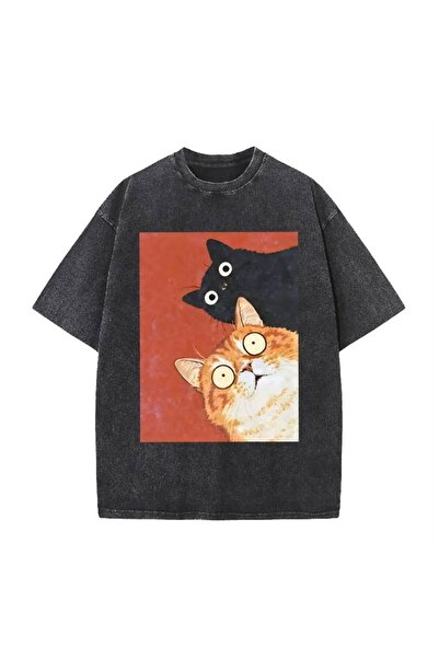 JANTIL MODA Tricou cu imprimeu Washed Vintage Black Oversize Confused Cats, l...
