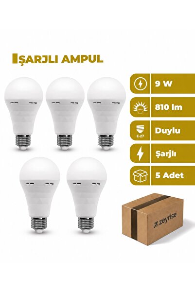 9W Şarjlı LED Ampul 6500K Beyaz Işık 5'li Paket