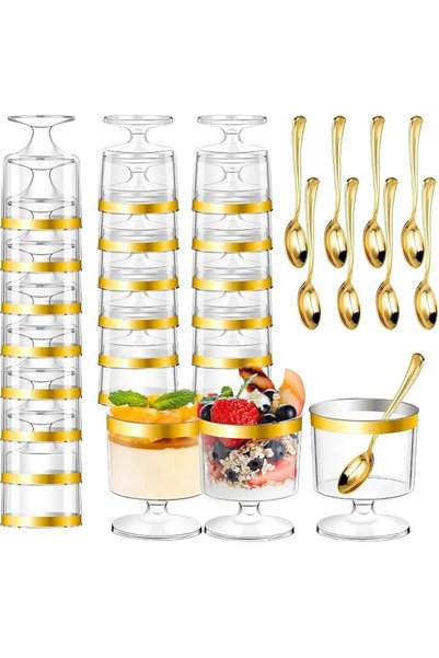 GENERAL 20 Pack 5oz Clear Plastic Dessert Cups with Gold Rims and Spoons, Ele...
