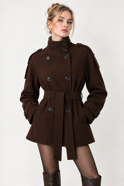 PRİFALDİ Vintage Zr Women's Stand Collar Belted Short Lined Comfortable Fit B...