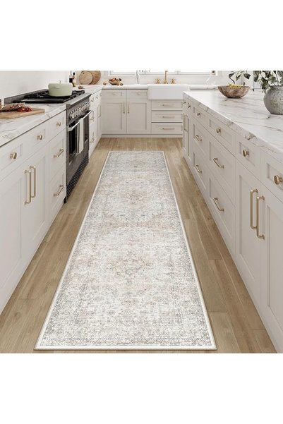GENERAL PureCozy Vintage Hallway Runner Rug 60x240cm Beige White Washable Rugs Non Slip Long Kitchen Carpet