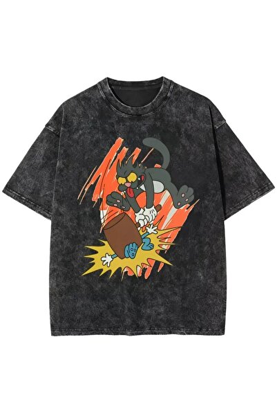JANTIL MODA Vintage Acid Wash Μαύρο Oversize T-Shirt με Αστείο Γραφικό Σχέδιο...