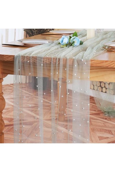 TERRIFI 1pcs Sage Green Pearl Beaded Table Runner Set - 120 Inch Long Boho Ru...