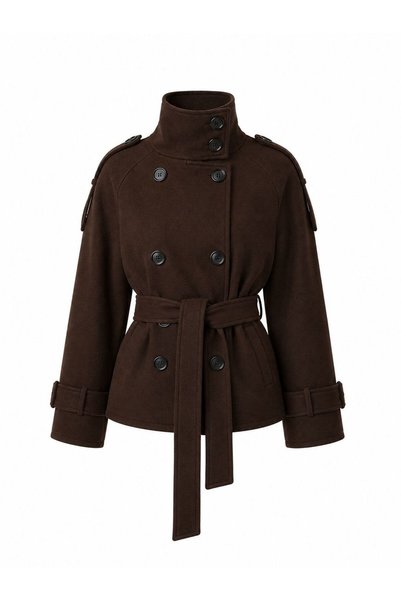 PRİFALDİ Vintage Zr Women's Stand Collar Belted Short Lined Comfortable Fit Bitter Brown Cashmere Coat