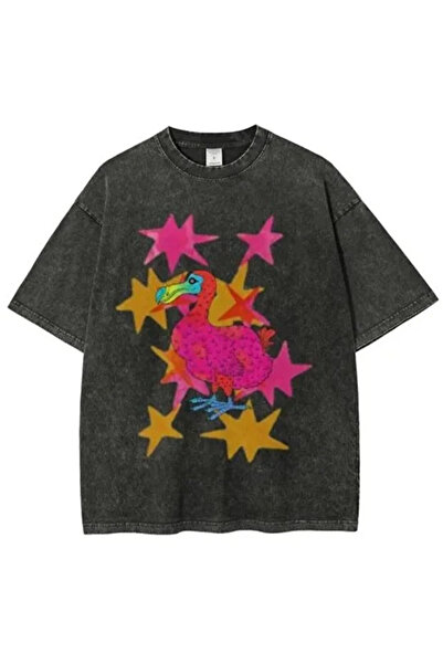 JANTIL MODA Isprana vintage crna oversize majica sa printom ptice dodo i zvezda