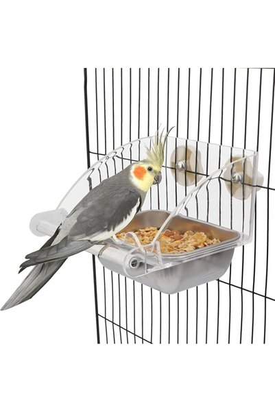 SYOSI Bird Feeder for Cage With Stainless Steel Bowl and Perch, No Spill Para...