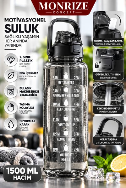 Monrize Concept 1500 ML Motivasyonel Suluk Pipetli Matara | Otomatik Kapaklı ...