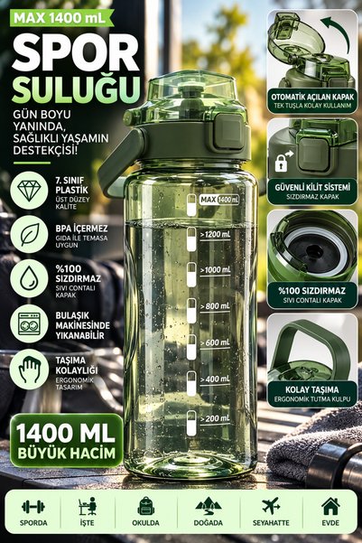 Monrize Concept 1400 ML Büyük Boy Spor Suluğu Otomatik Açılır Kapaklı Sızdırm...