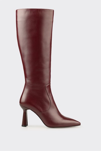 Elle Shoes Bordo Deri Kadın Topuklu Çizme