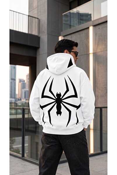 Unisex Kapüşon Detaylı Örümcek Sırt Baskılı Oversize 3 İplik Şardonlu Sweatshirt