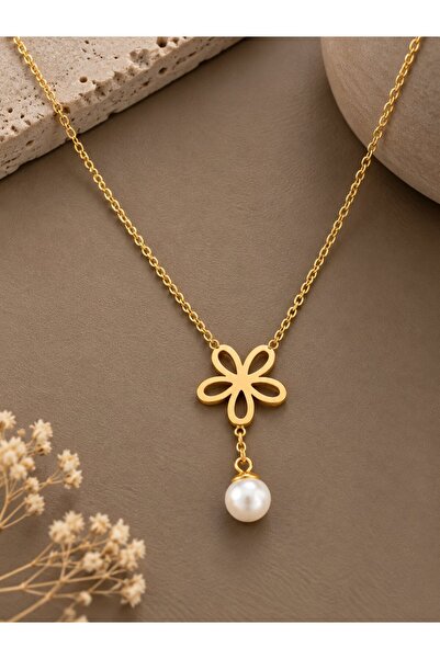 serelya 316L Steel Chain Gold Color Pearl Detail Flower Necklace