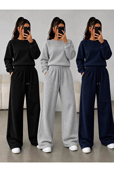 BERYY MODA 3 (Pieces) Winter Plain Black Gray Navy Blue Loose Sweatpants with...