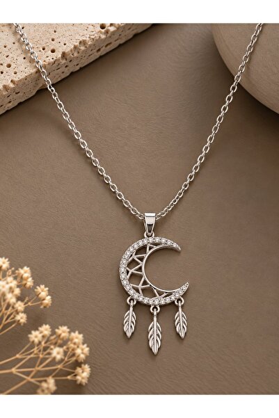 serelya 316L Steel Chain Silver Color Engraved Zircon Stone Moon Necklace