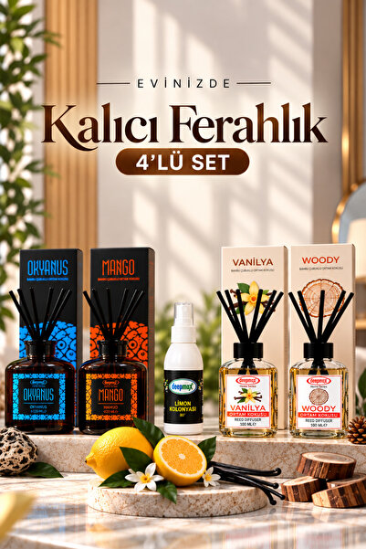 4’lü Bambu Çubuklu Ortam Kokusu Seti – Okyanus, Mango, Vanilya , Woody + 100 ml Limon Kolonyası Hediye
