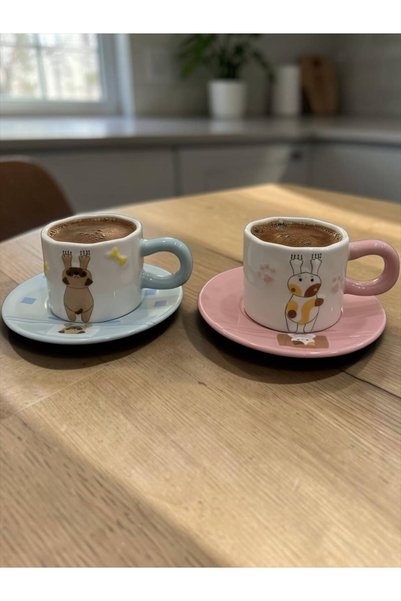 Pixue Set of 2 Porcelain Coffee Cups with Saucers and Cute Cat and Dog Figures