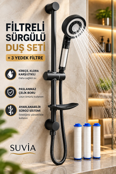 SUVİA Filtreli Sürgülü Duş Seti 5 Fonksiyonlu Duş Başlığı 3 Yedek Filtre Çeli...