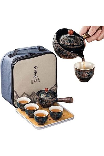Generic طقم شاي للسفر، إبريق شاي صيني محمول بتصميم كونغ فو مع دوران 360 درجة ...