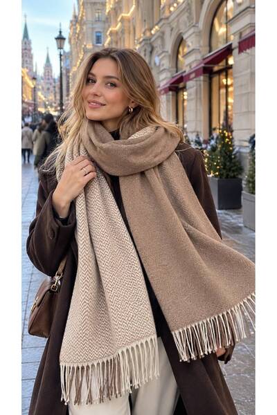 MARBERRY Mink Herringbone Patterned Women's Thick Shoulder Shawl 65X180 cm