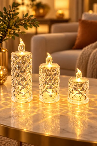 ERKUGO 3'lü Kristal Görünümlü LED Mum Seti 12 cm 9,5 cm 6,5 cm - 5,5 cm Çapın...