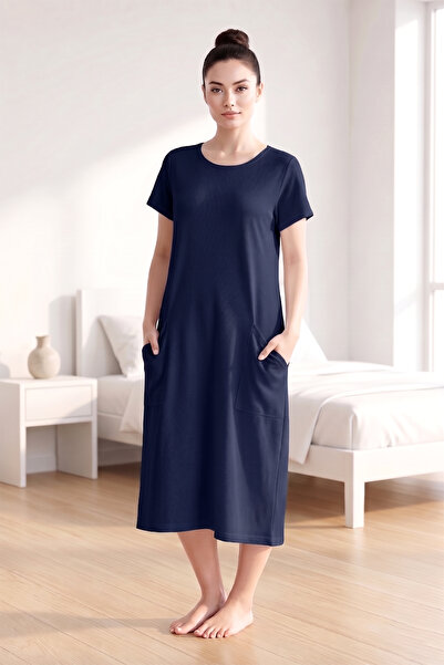 REMSA Women's Short Sleeve Pocket Detail Viscose Dress Pajamas 25234-4 Navy Blue