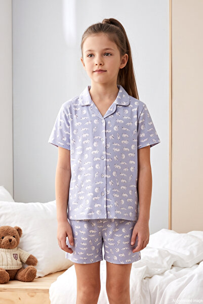 REMSA Girl's Single Jersey Cotton Pajama Set with Buttoned Shorts on the Fron...