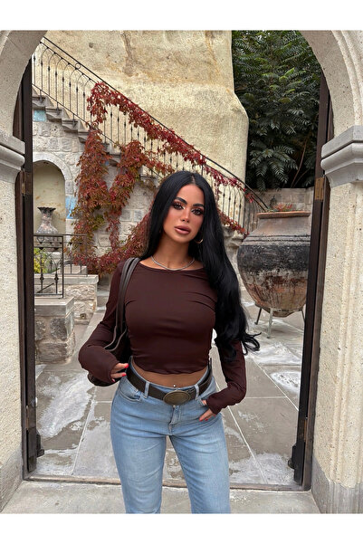 kırmızı butiks Καφέ Ανοιχτό Καφέ Μπλουζάκι Basic Crop