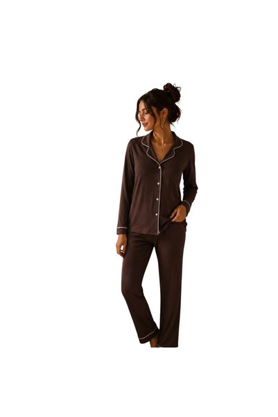 CONFEO C840-058 Women's Lycra Viscose Buttoned Front Long Sleeve Pajama Set