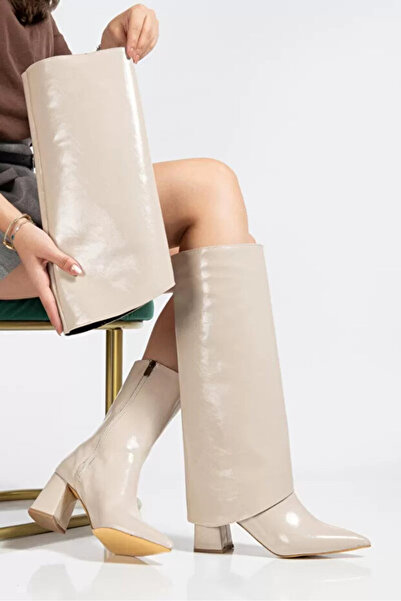 Zerenyus Jike Premium Non-Removable Pointed Toe Heeled Boots Beige Patent Lea...