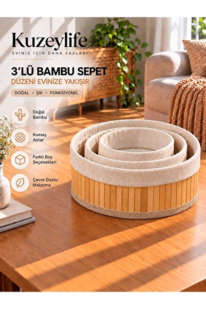 KuzeyLife Bambu Trio Yuvarlak 3lü Sepet Seti