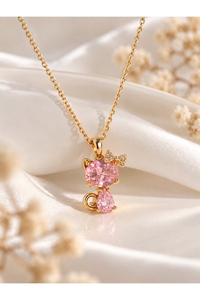 Evorya Kadın Çelik Pembe Zirkon Taşlı Hello Kitty Kolye