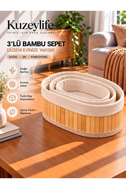 KuzeyLife Bambu Trio Oval 3lü Sepet Seti