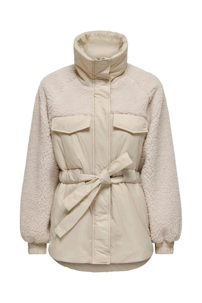 ONLY Women's Plush Coat with Stand Collar, Zipper, Belt at Waist, Pockets and...